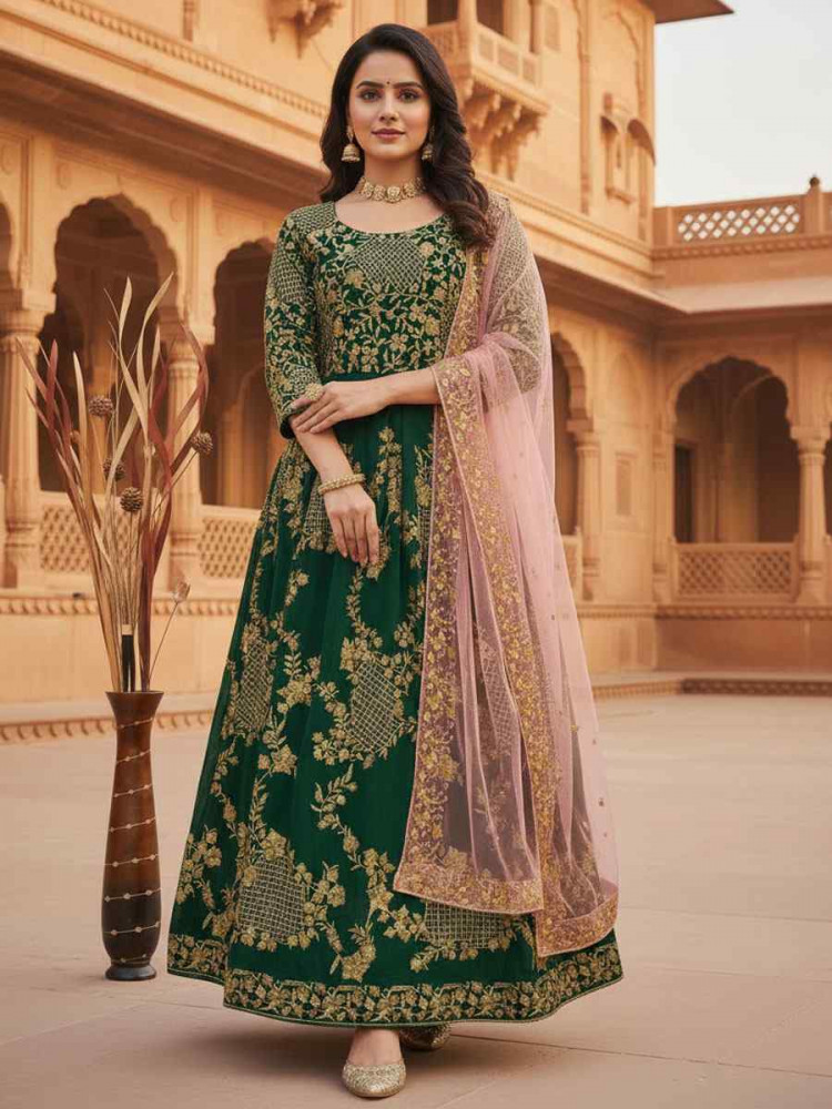 Image of Green Faux Georgette Embroidery Party Wedding Festival Casual Ready Anarkali Salwar Kameez
