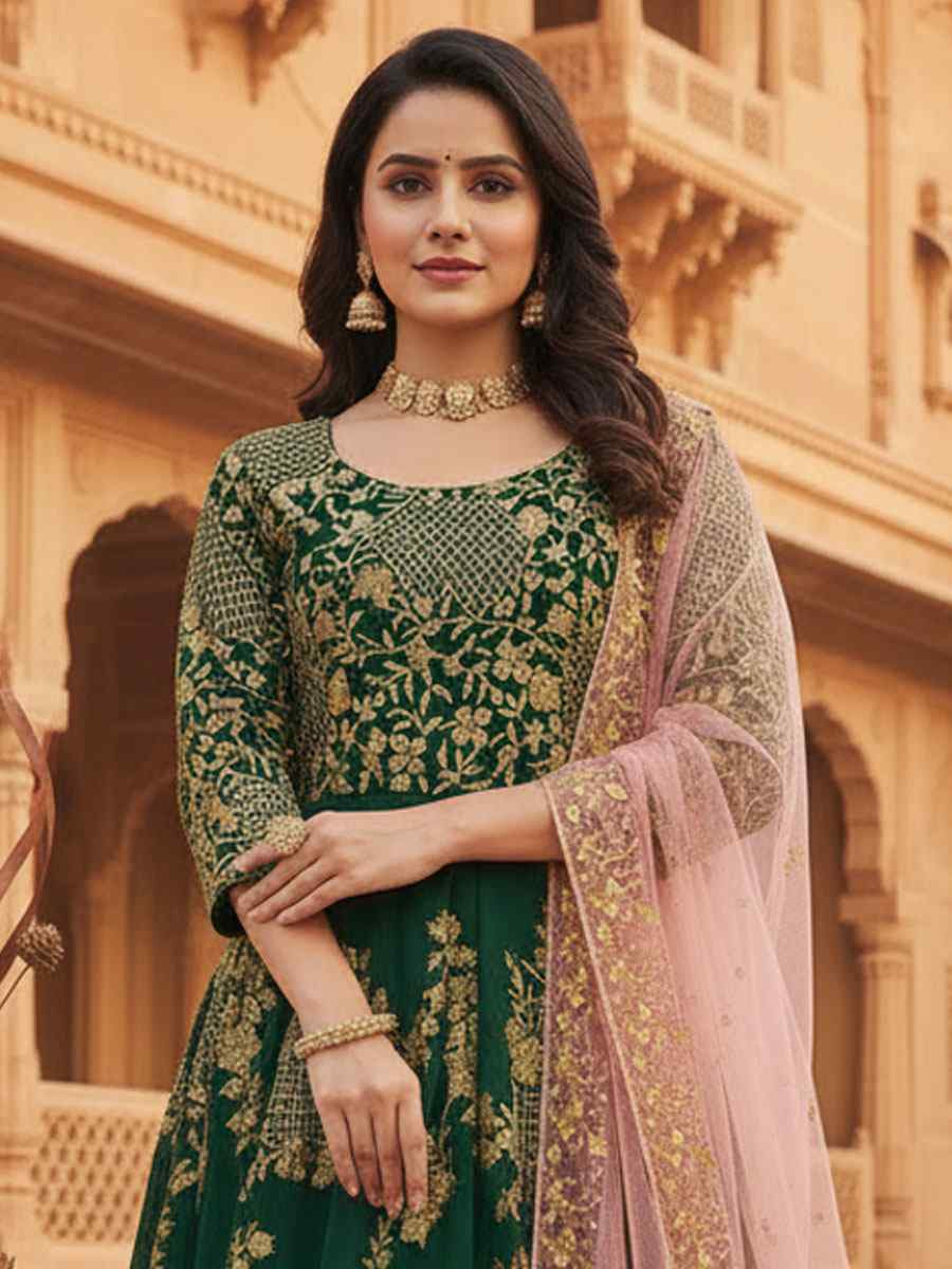 Green Faux Georgette Embroidery Party Wedding Festival Casual Ready Anarkali Salwar Kameez
