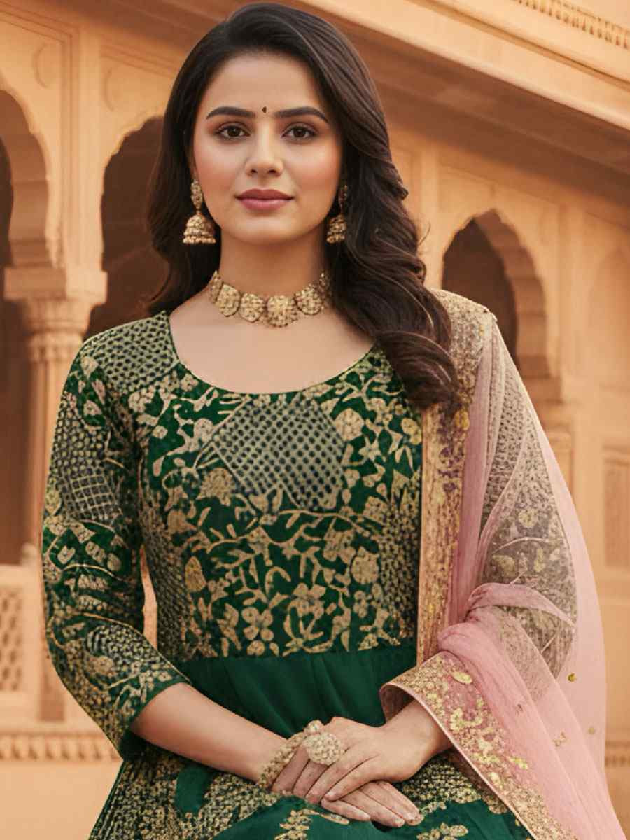 Green Faux Georgette Embroidery Party Wedding Festival Casual Ready Anarkali Salwar Kameez