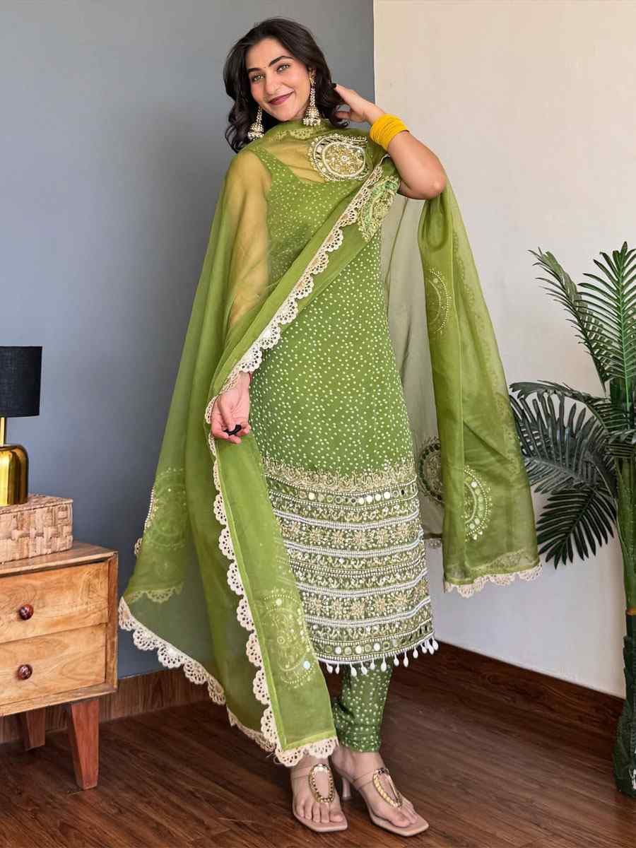 Green Faux Georgette Embroidery Party Wedding Festival Casual Ready Churidar Salwar Kameez