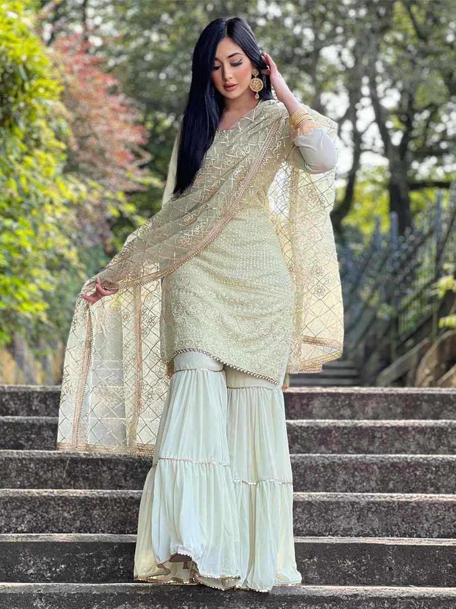 Green Faux Georgette Embroidery Party Wedding Festival Casual Ready Sharara Pant Salwar Kameez