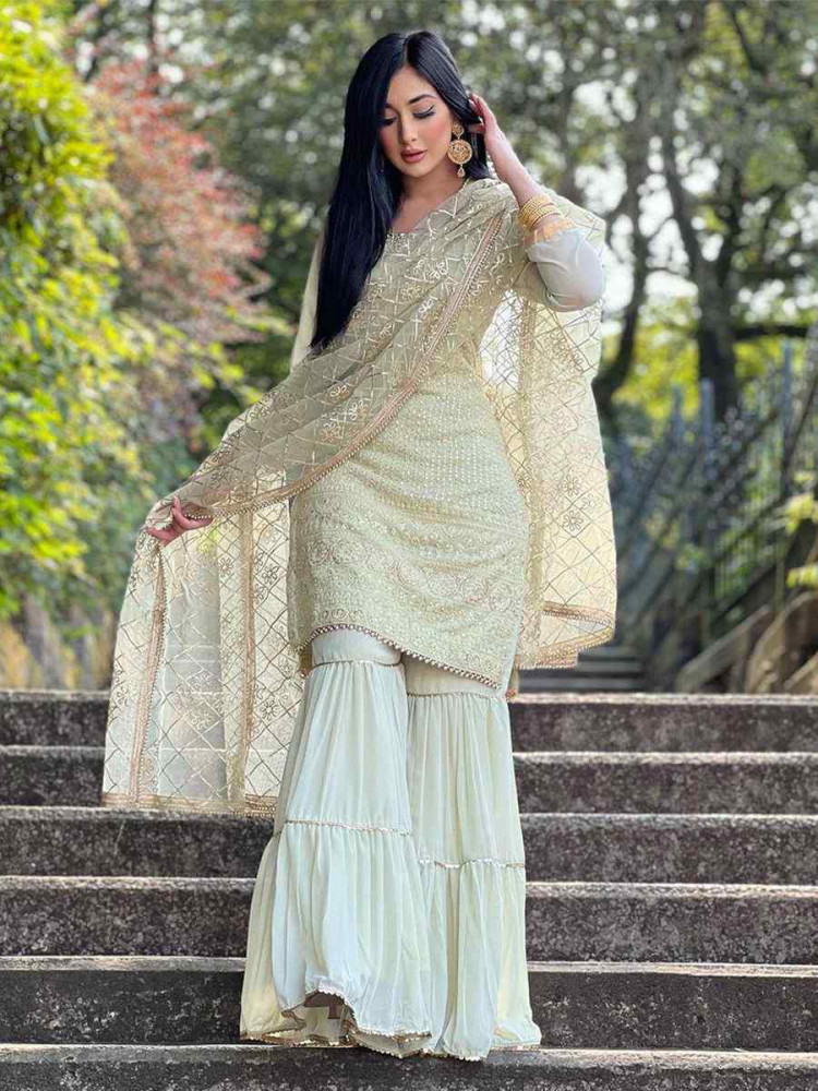 Image of Green Faux Georgette Embroidery Party Wedding Festival Casual Ready Sharara Pant Salwar Kameez