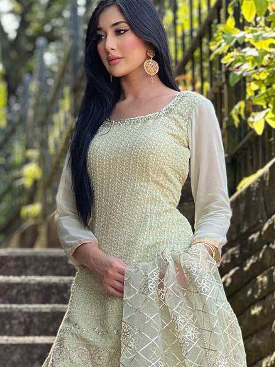 Green Faux Georgette Embroidery Party Wedding Festival Casual Ready Sharara Pant Salwar Kameez