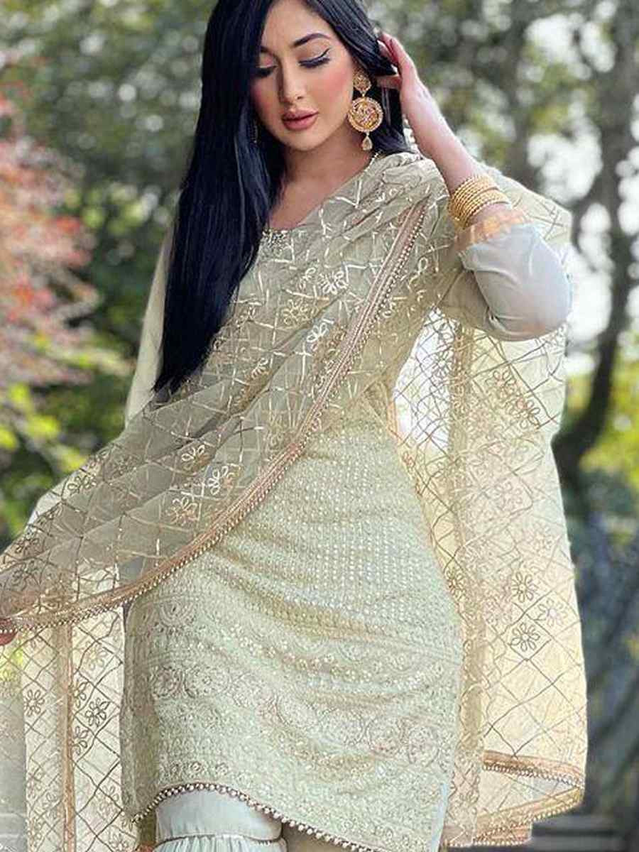 Green Faux Georgette Embroidery Party Wedding Festival Casual Ready Sharara Pant Salwar Kameez