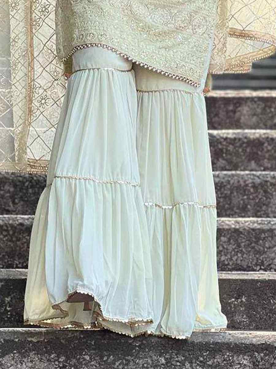 Green Faux Georgette Embroidery Party Wedding Festival Casual Ready Sharara Pant Salwar Kameez