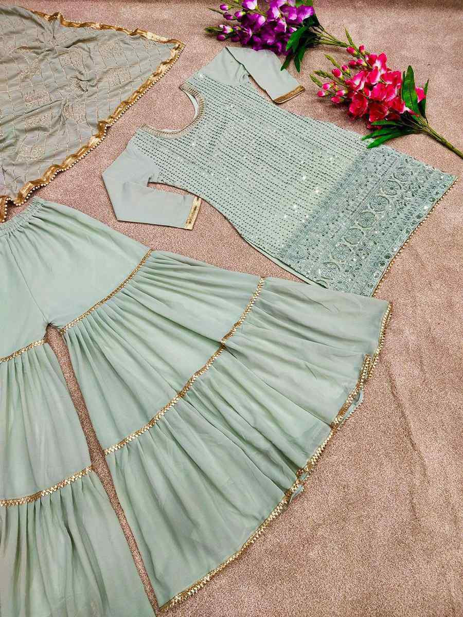 Green Faux Georgette Embroidery Party Wedding Festival Casual Ready Sharara Pant Salwar Kameez