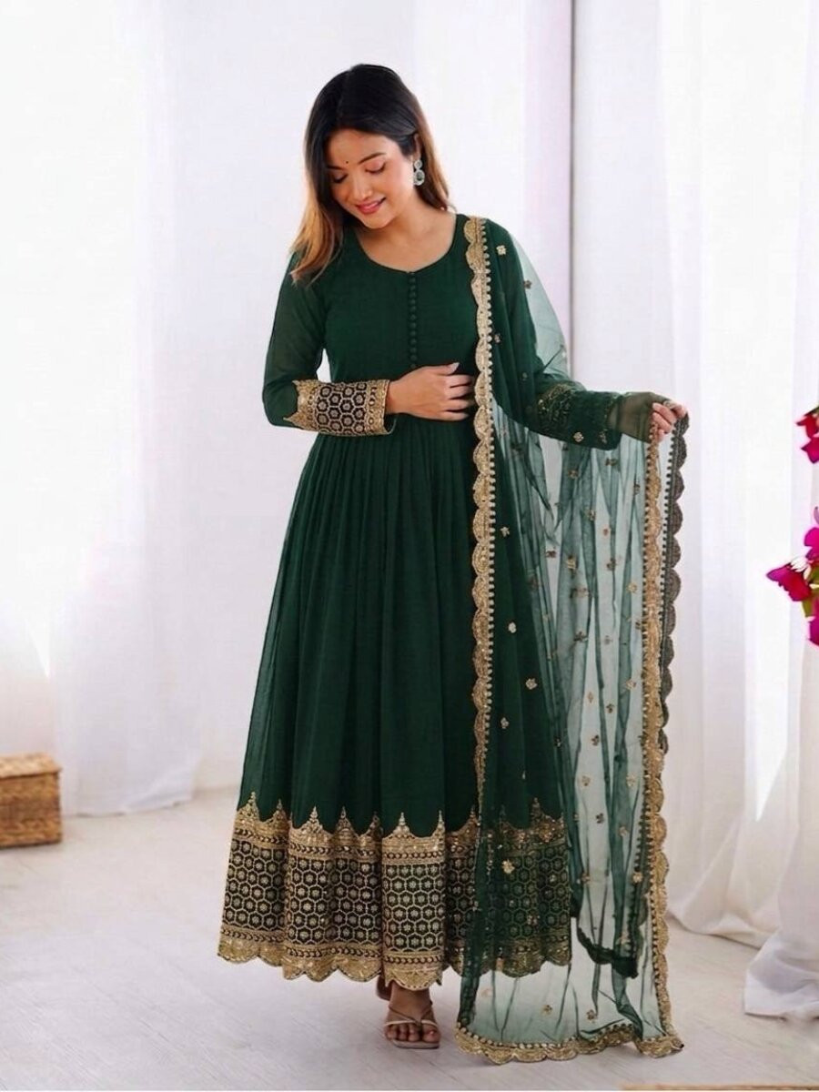 Green Faux Georgette Embroidery Sequins Zari Wedding Party Festival Casual Ready Anarkali Salwar Kameez