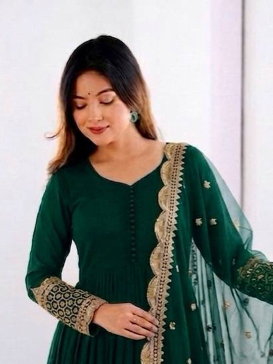 Green Faux Georgette Embroidery Sequins Zari Wedding Party Festival Casual Ready Anarkali Salwar Kameez
