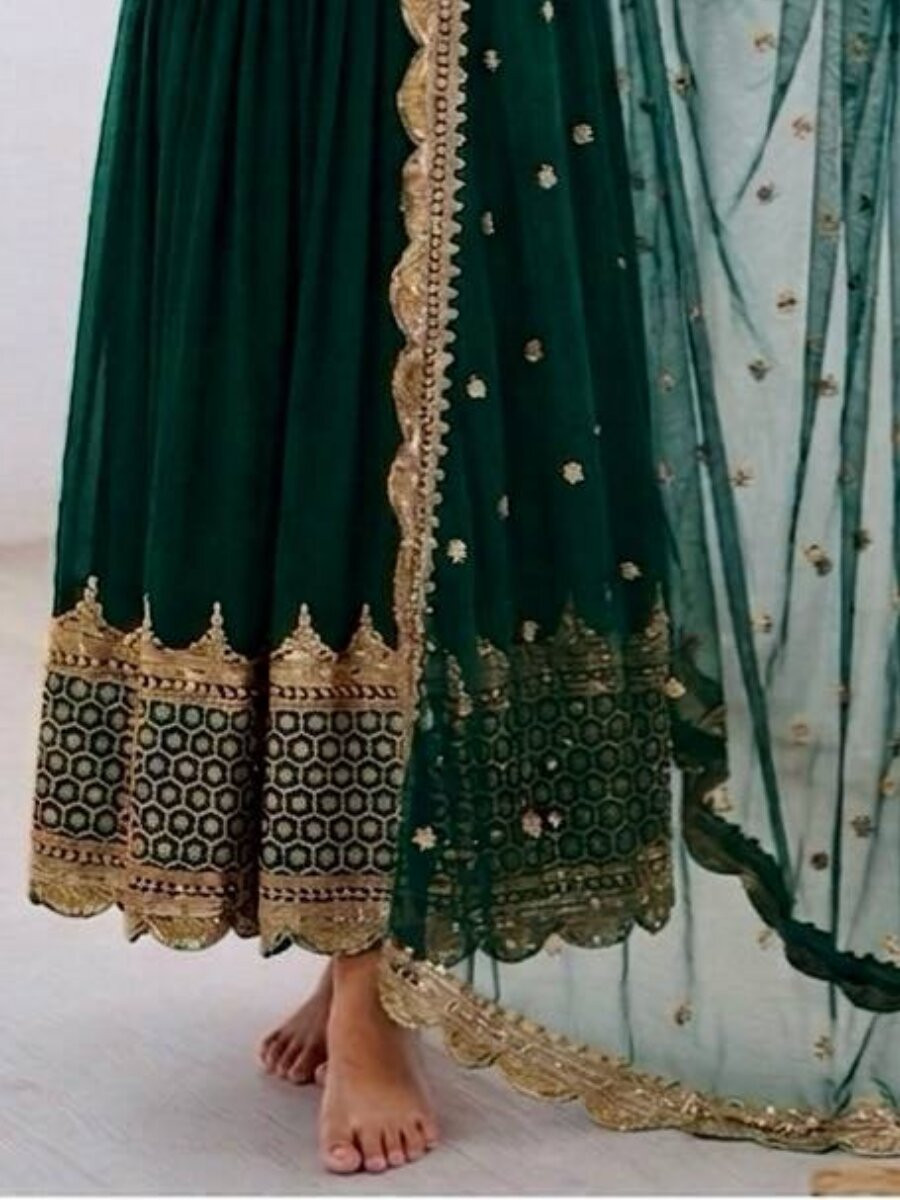 Green Faux Georgette Embroidery Sequins Zari Wedding Party Festival Casual Ready Anarkali Salwar Kameez