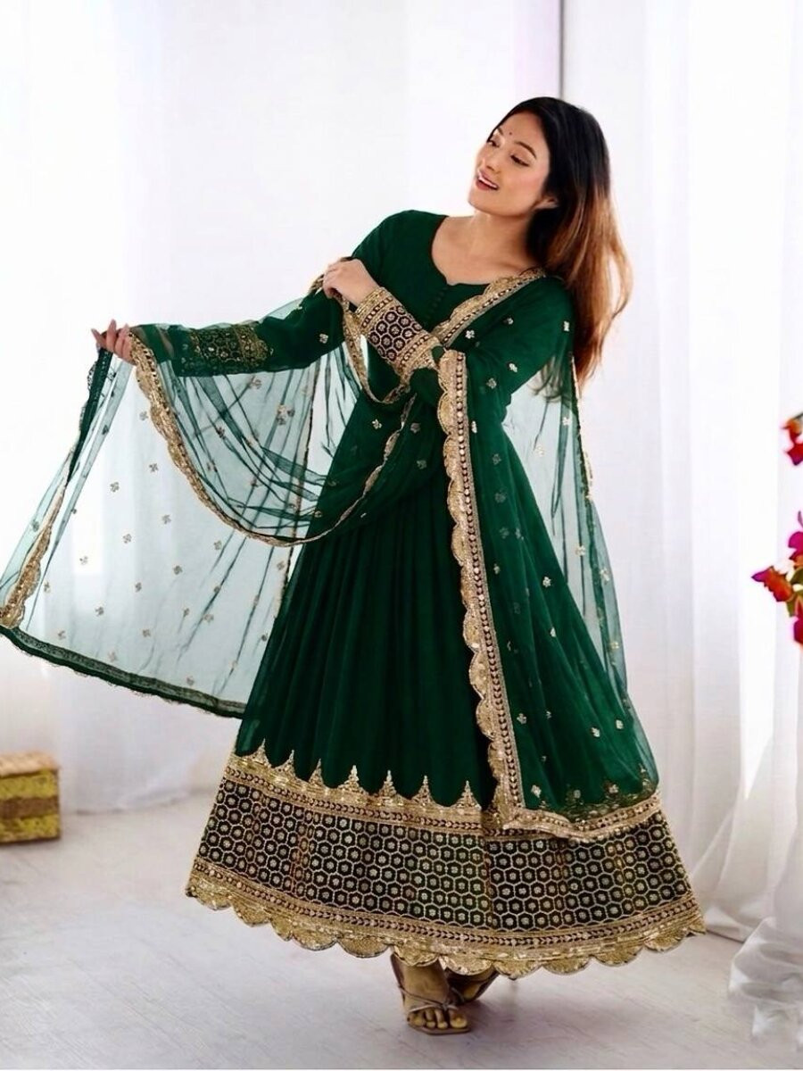 Green Faux Georgette Embroidery Sequins Zari Wedding Party Festival Casual Ready Anarkali Salwar Kameez