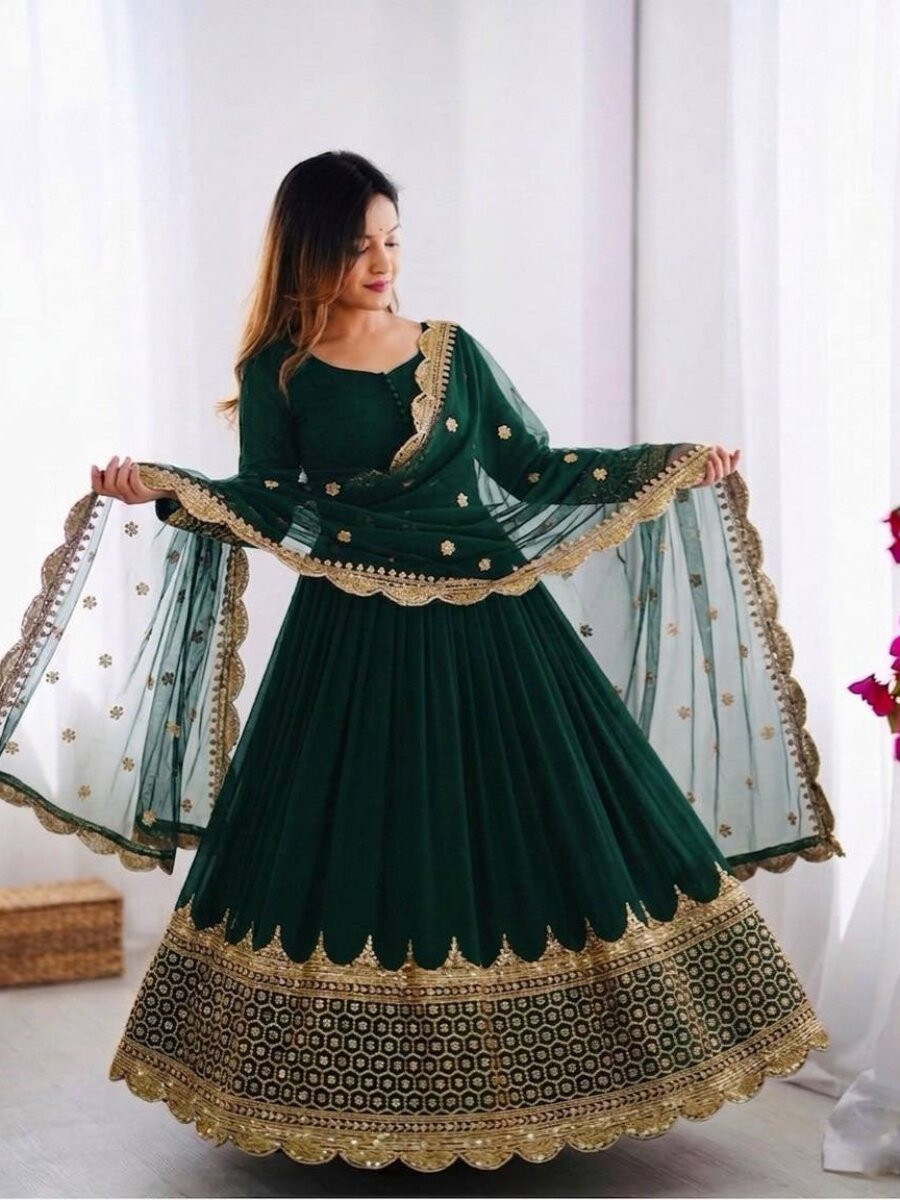 Green Faux Georgette Embroidery Sequins Zari Wedding Party Festival Casual Ready Anarkali Salwar Kameez