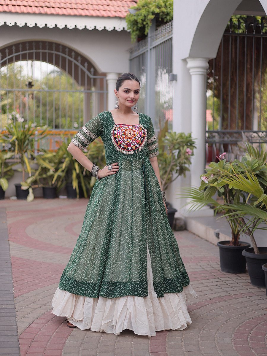 Green Faux Georgette Embroidery Stone Work Bandhani Printed Wedding Reception Festival Party Wear Kora Cotton Kurti Lehenga Choli