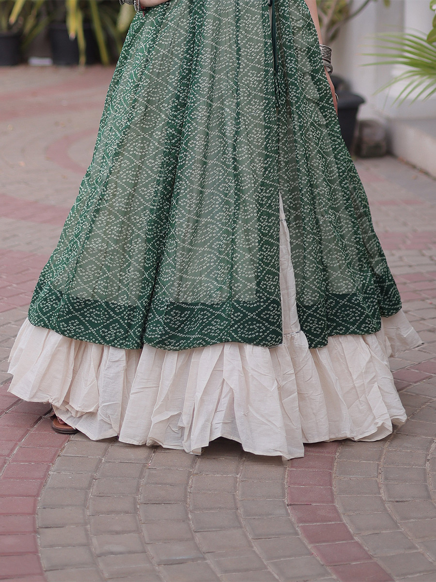 Green Faux Georgette Embroidery Stone Work Bandhani Printed Wedding Reception Festival Party Wear Kora Cotton Kurti Lehenga Choli