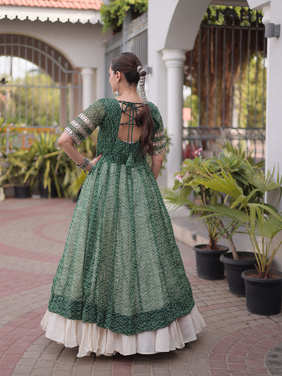Green Faux Georgette Embroidery Stone Work Bandhani Printed Wedding Reception Festival Party Wear Kora Cotton Kurti Lehenga Choli