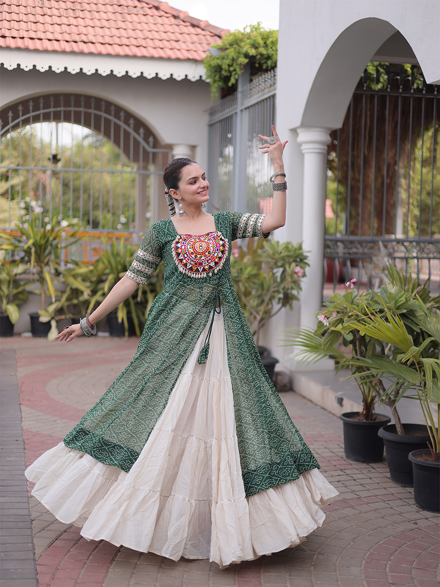 Green Faux Georgette Embroidery Stone Work Bandhani Printed Wedding Reception Festival Party Wear Kora Cotton Kurti Lehenga Choli