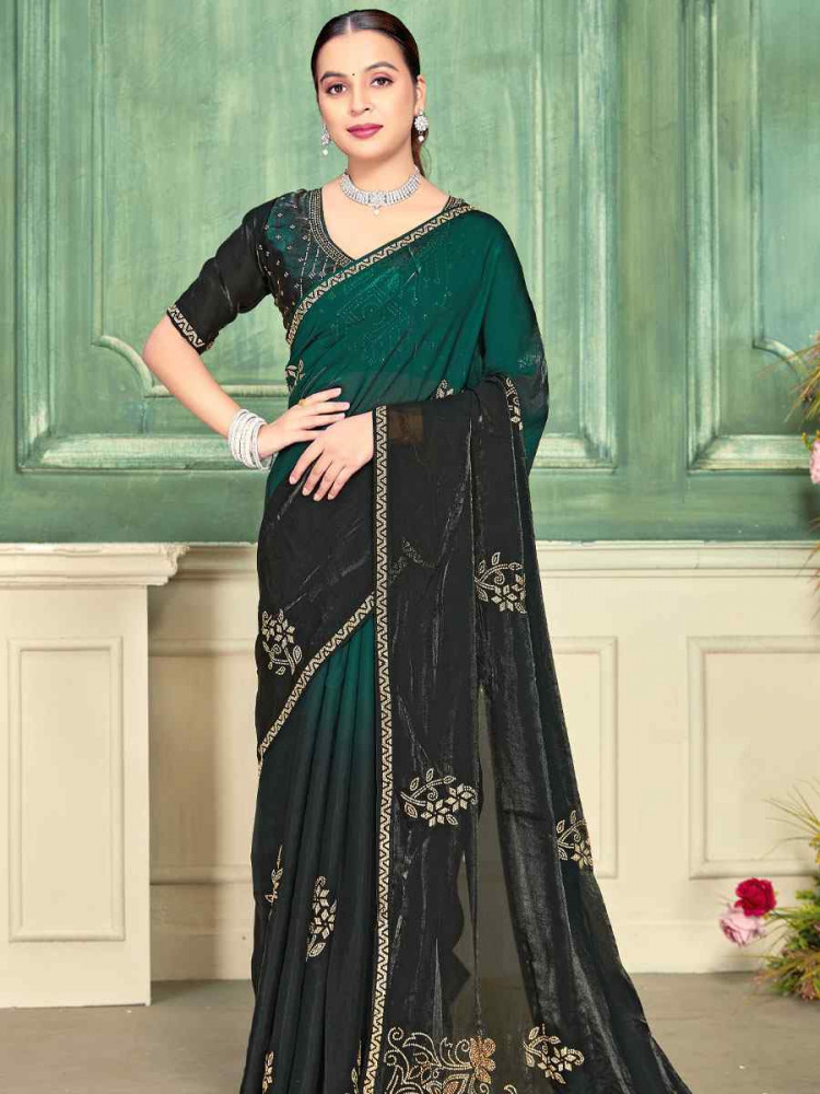 Image of Green Fendi Satin Silk Embroidery Bridal Reception Festival Wedding Fancy Classic Heavy Border Saree