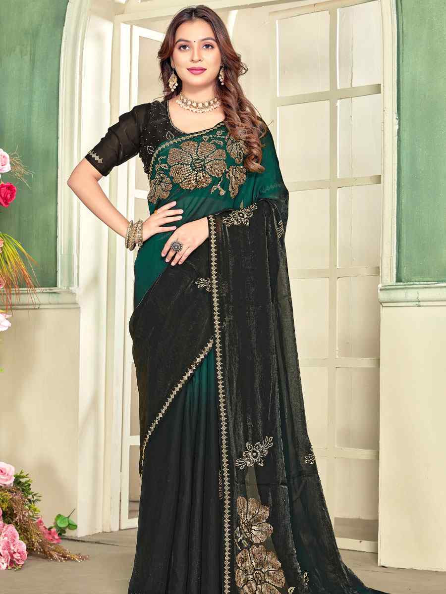 Green Fendi Satin Silk Zircon Hand Embroidery Bridal Reception Festival Wedding Fancy Heavy Border Sarees