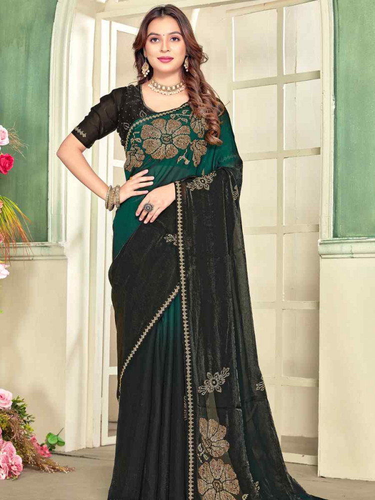 Image of Green Fendi Satin Silk Zircon Hand Embroidery Bridal Reception Festival Wedding Fancy Heavy Border Sarees