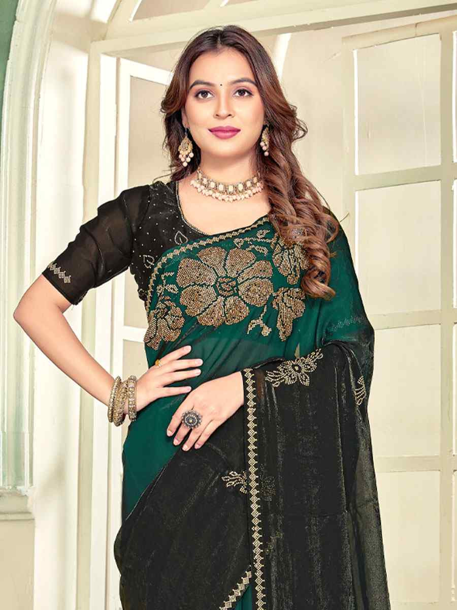 Green Fendi Satin Silk Zircon Hand Embroidery Bridal Reception Festival Wedding Fancy Heavy Border Sarees