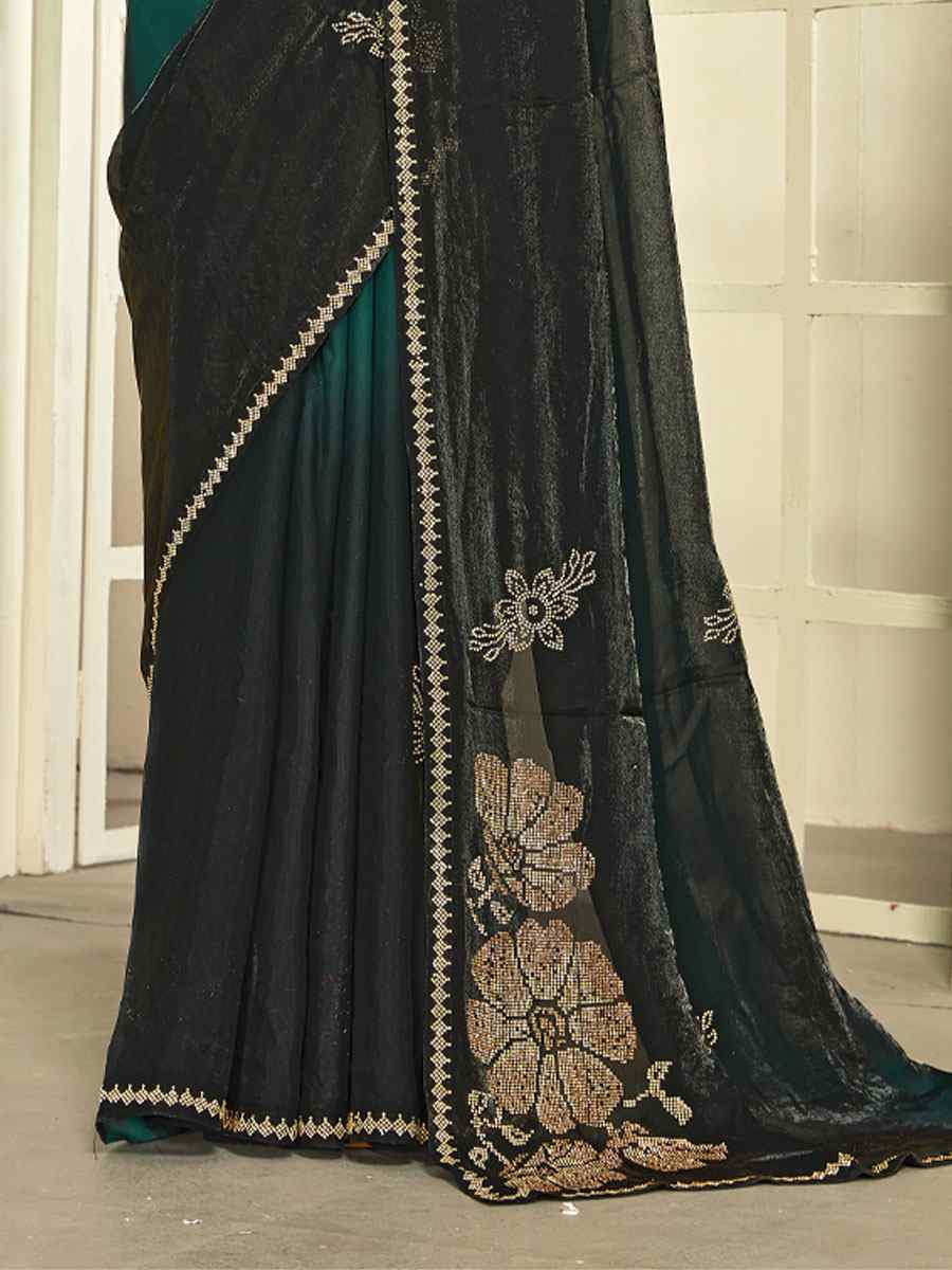 Green Fendi Satin Silk Zircon Hand Embroidery Bridal Reception Festival Wedding Fancy Heavy Border Sarees