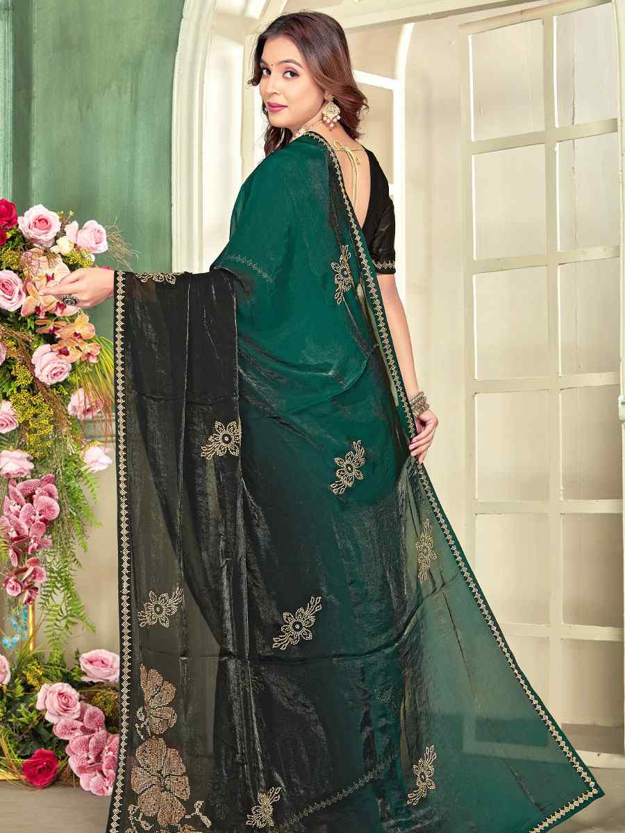 Green Fendi Satin Silk Zircon Hand Embroidery Bridal Reception Festival Wedding Fancy Heavy Border Sarees