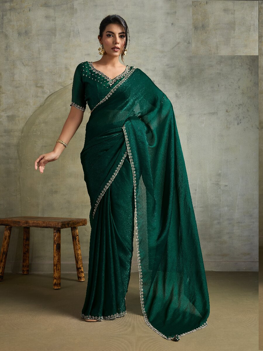 Green Fendy Chiffon bloomingSequins Wedding Reception Party Festival Heavy Border Sarees