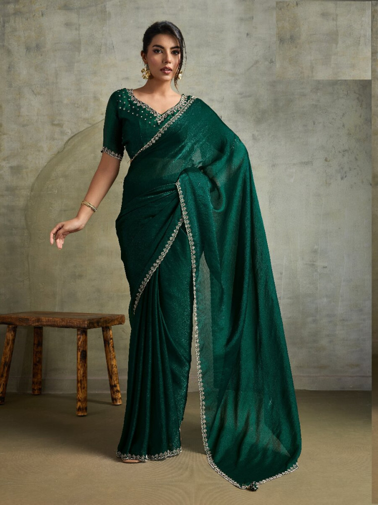 Image of Green Fendy Chiffon blooming Sequins Wedding Reception Party Festival Heavy Border Sarees