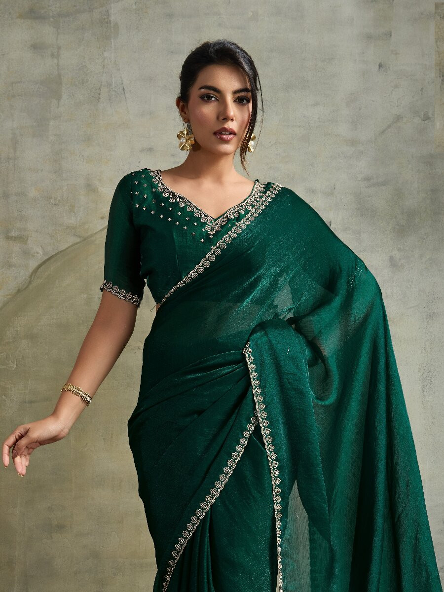 Green Fendy Chiffon bloomingSequins Wedding Reception Party Festival Heavy Border Sarees