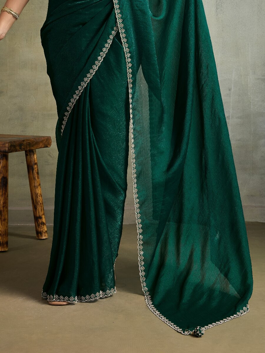 Green Fendy Chiffon bloomingSequins Wedding Reception Party Festival Heavy Border Sarees