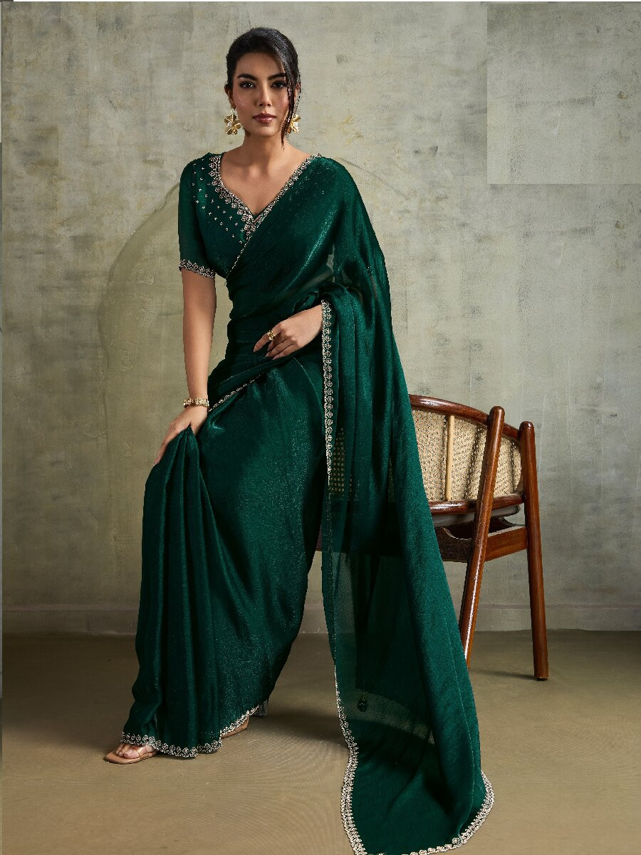 Green Fendy Chiffon bloomingSequins Wedding Reception Party Festival Heavy Border Sarees