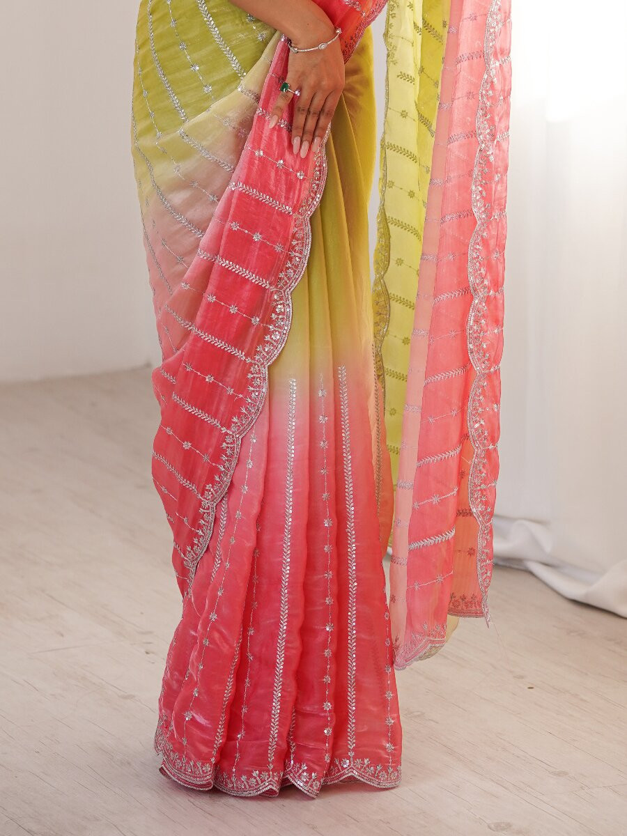 Green Fendy Satin Embroidery Sequins Wedding Reception Festival Casual Heavy Border Sarees