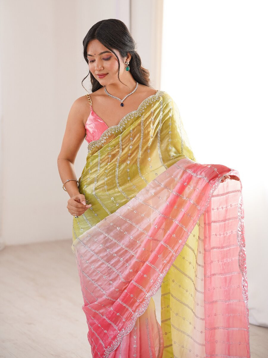 Green Fendy Satin Embroidery Sequins Wedding Reception Festival Casual Heavy Border Sarees