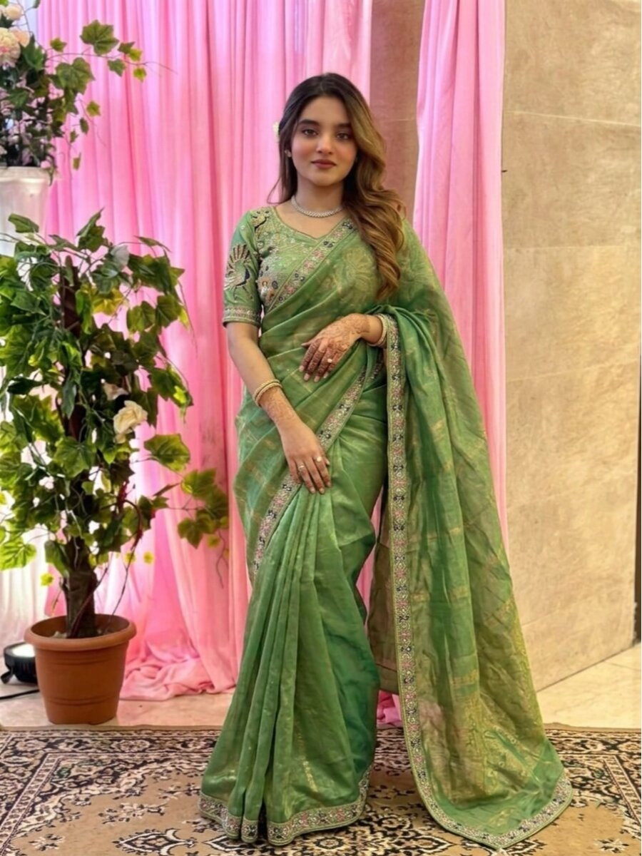 Green Fendy Satin Silk Embroidery Sequins Stone Work Wedding Reception Party Festival Casual Heavy Border Sarees