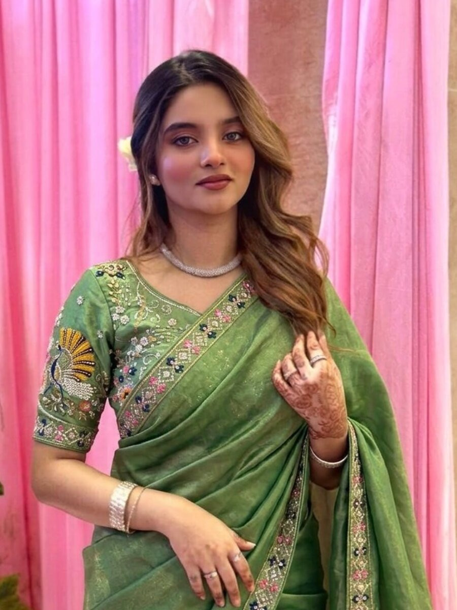 Green Fendy Satin Silk Embroidery Sequins Stone Work Wedding Reception Party Festival Casual Heavy Border Sarees