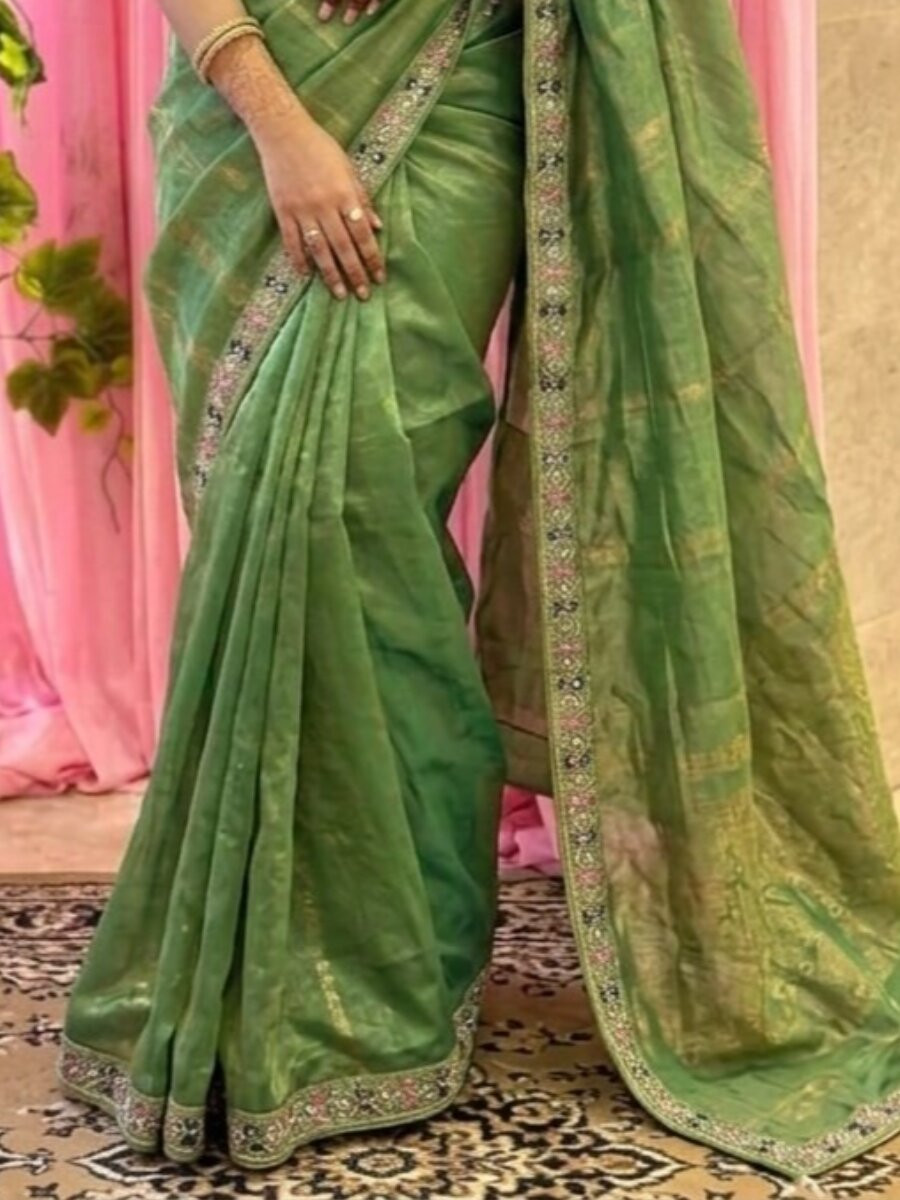 Green Fendy Satin Silk Embroidery Sequins Stone Work Wedding Reception Party Festival Casual Heavy Border Sarees