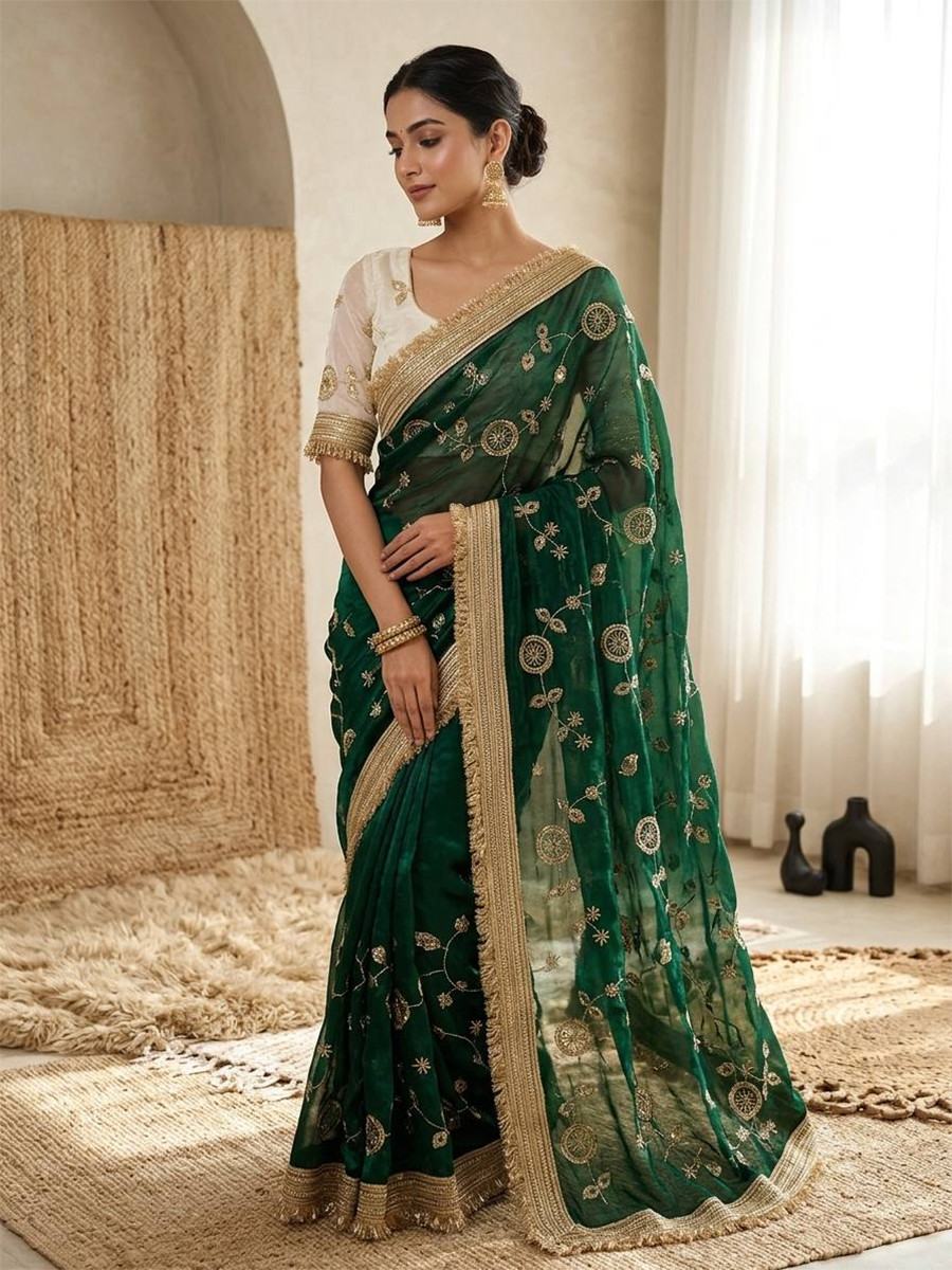 Green Fendy Satin Silk Embroidery Wedding Reception Party Festival Casual Heavy Border Sarees
