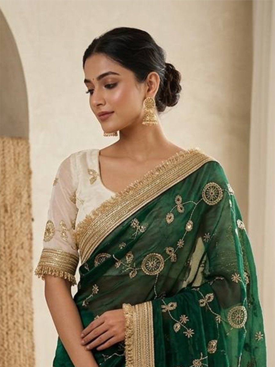 Green Fendy Satin Silk Embroidery Wedding Reception Party Festival Casual Heavy Border Sarees