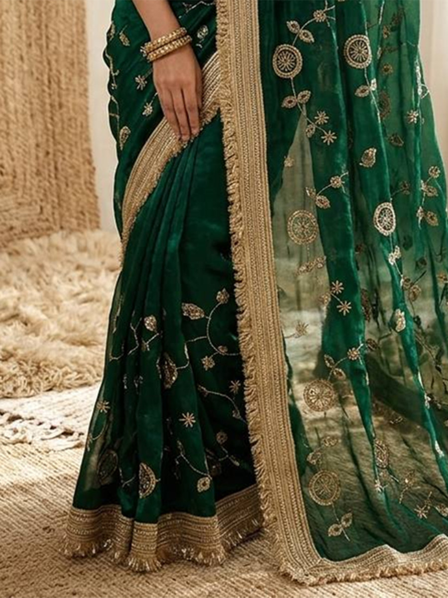 Green Fendy Satin Silk Embroidery Wedding Reception Party Festival Casual Heavy Border Sarees