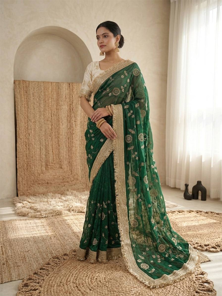Green Fendy Satin Silk Embroidery Wedding Reception Party Festival Casual Heavy Border Sarees