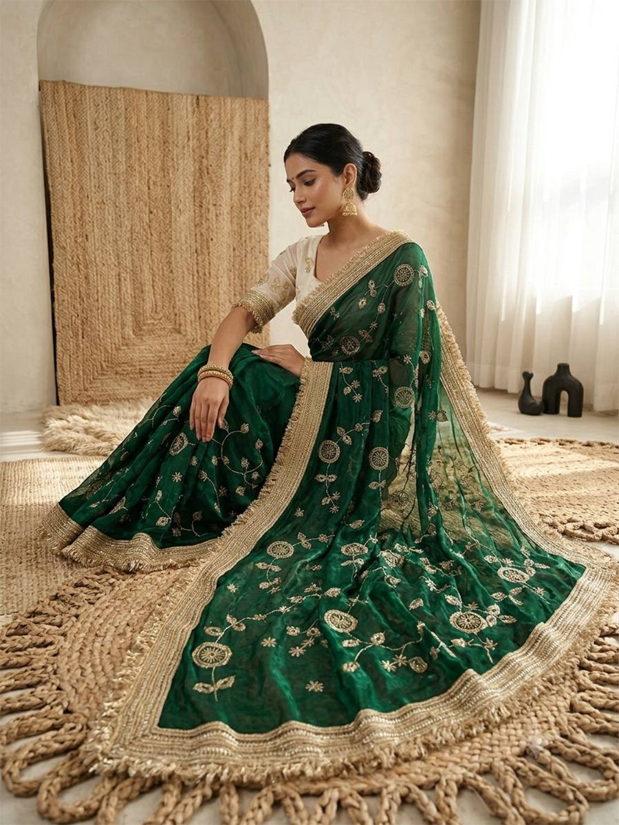 Green Fendy Satin Silk Embroidery Wedding Reception Party Festival Casual Heavy Border Sarees