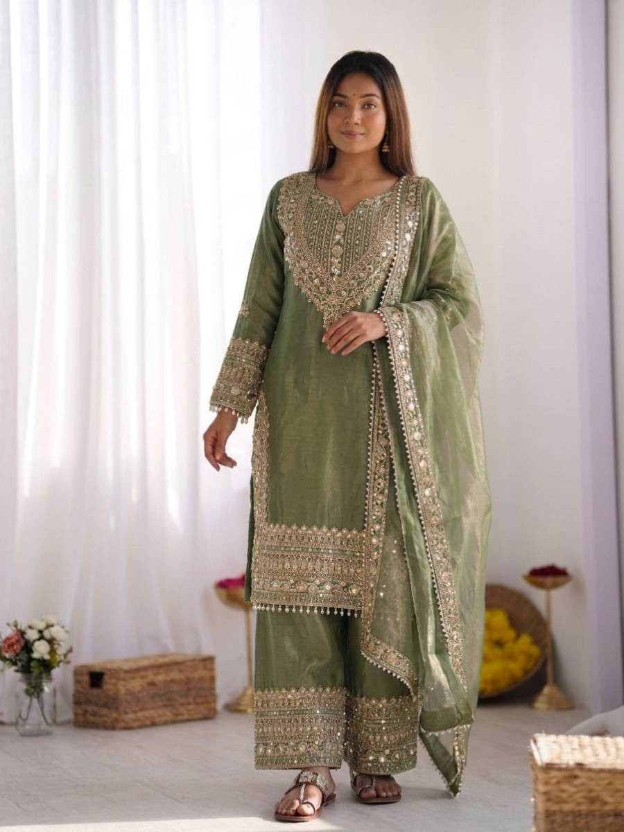 Green Fendy Silk Embroidery Sequins Zari Wedding Party Festival Casual Ready Palazzo Pant Salwar Kameez