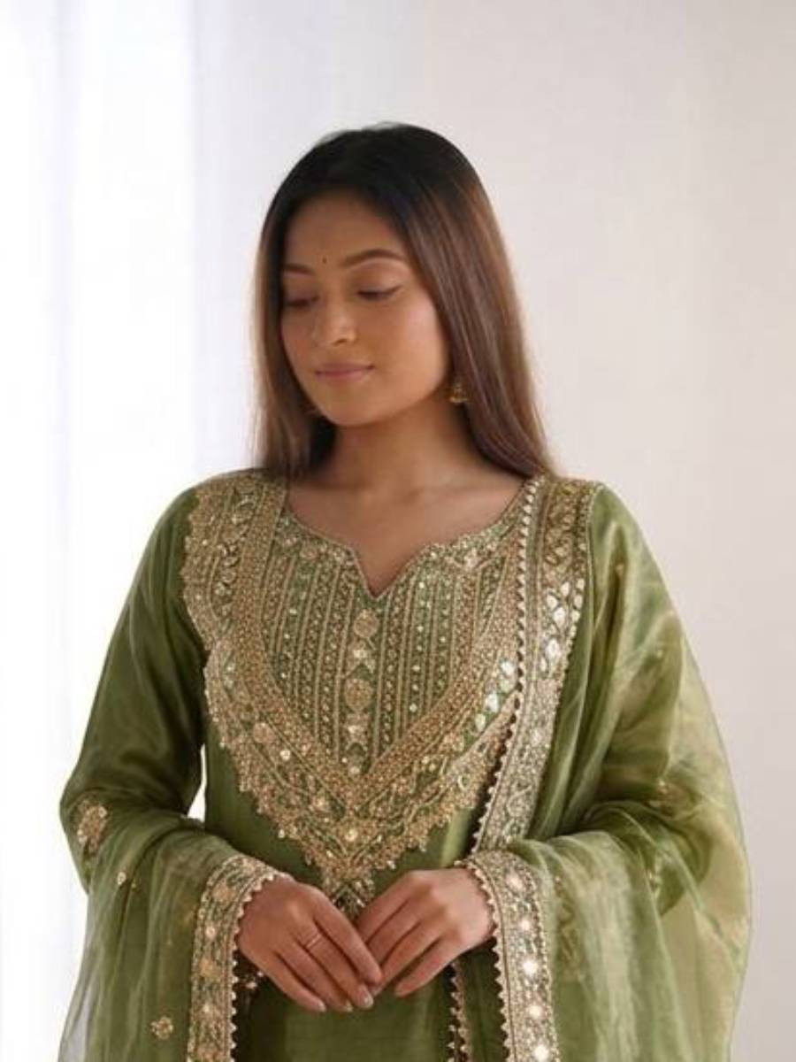 Green Fendy Silk Embroidery Sequins Zari Wedding Party Festival Casual Ready Palazzo Pant Salwar Kameez