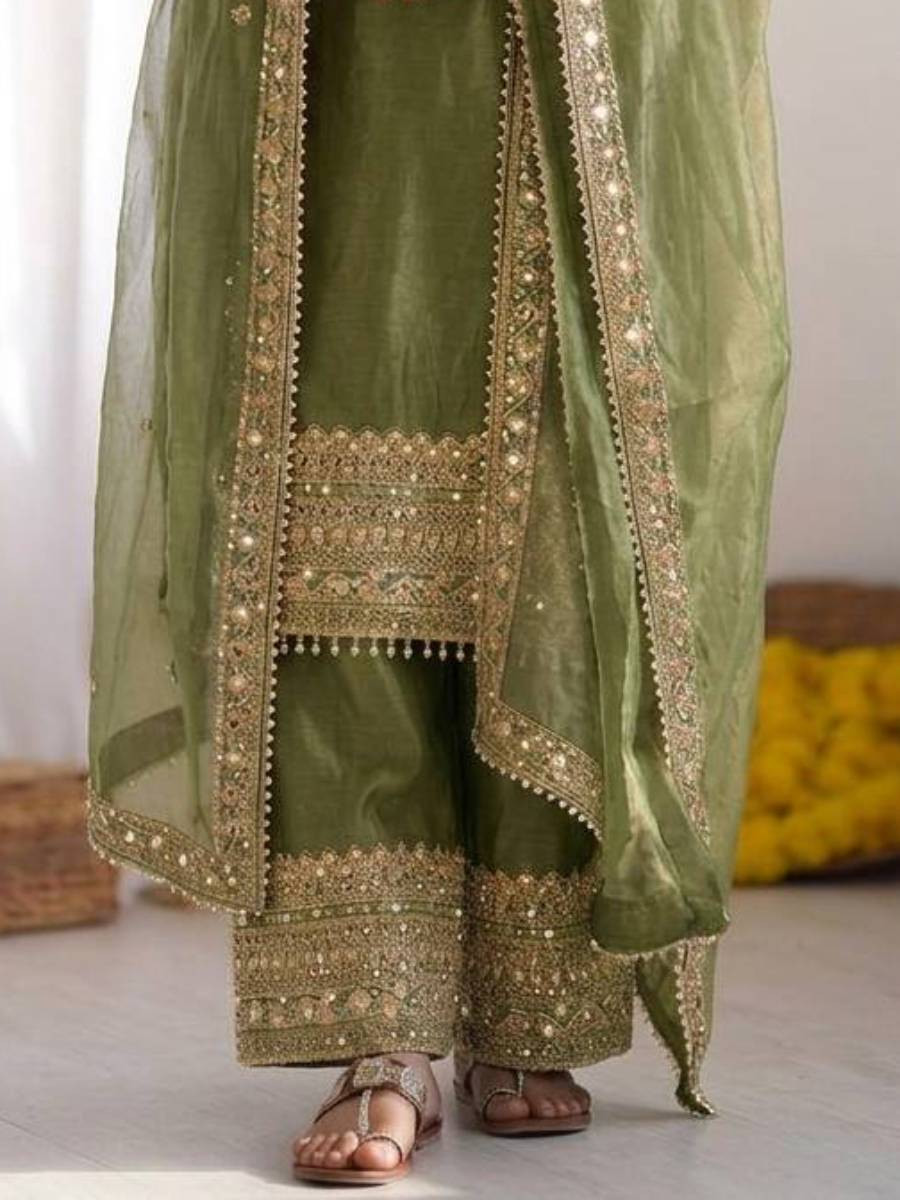 Green Fendy Silk Embroidery Sequins Zari Wedding Party Festival Casual Ready Palazzo Pant Salwar Kameez