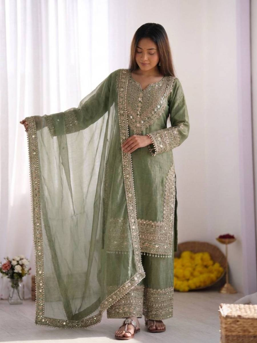 Green Fendy Silk Embroidery Sequins Zari Wedding Party Festival Casual Ready Palazzo Pant Salwar Kameez
