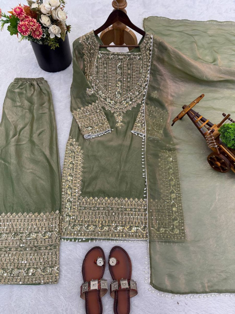 Green Fendy Silk Embroidery Sequins Zari Wedding Party Festival Casual Ready Palazzo Pant Salwar Kameez