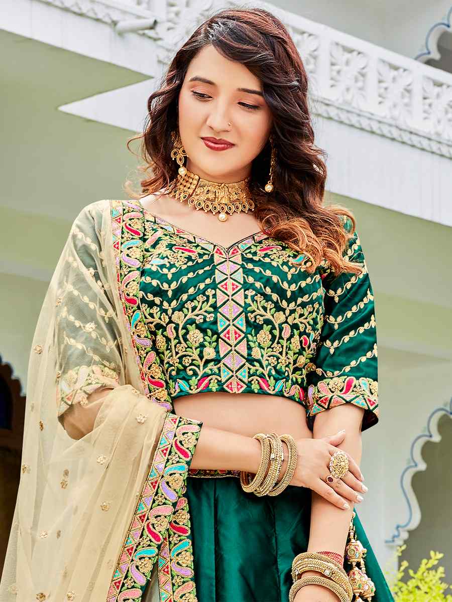 Green Ferrari Silk Embroidered Wedding Festival Heavy Border Lehenga Choli