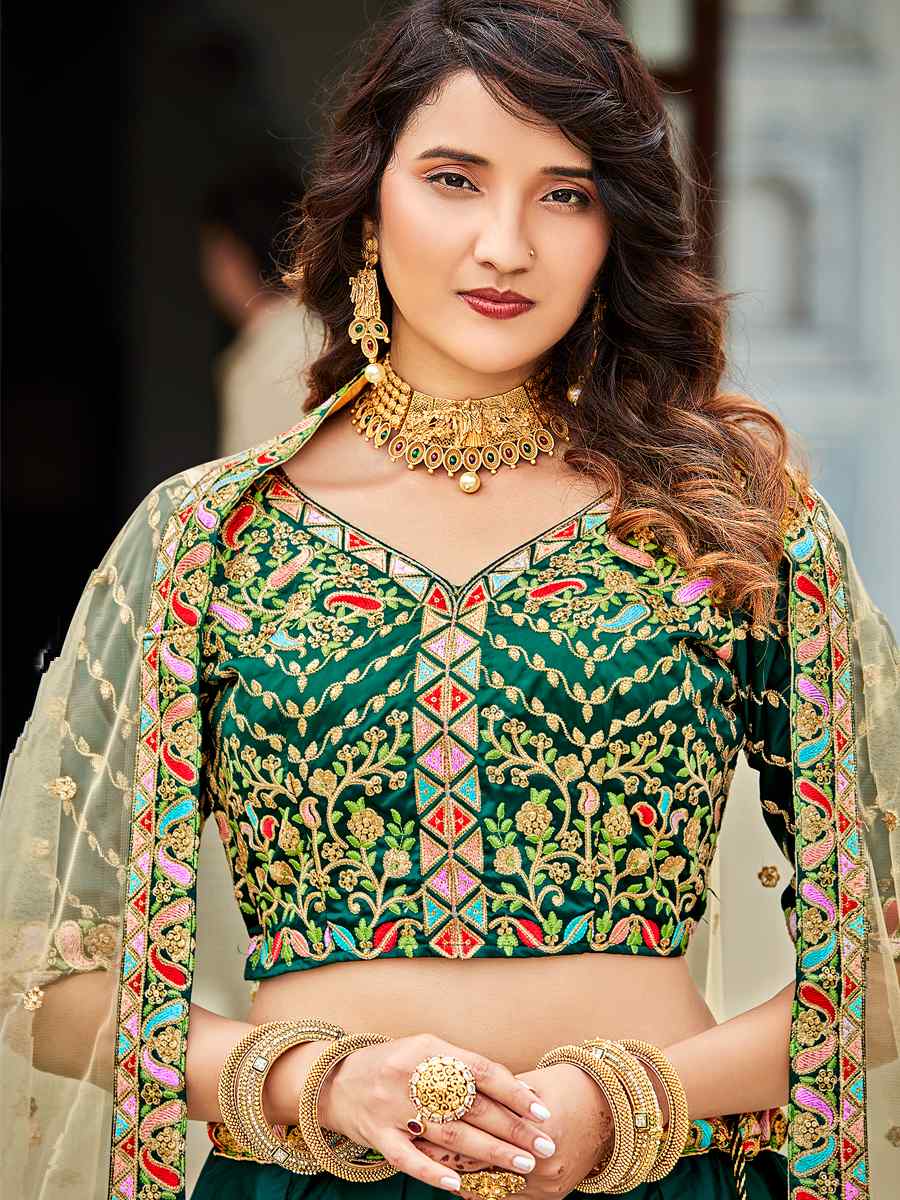 Green Ferrari Silk Embroidered Wedding Festival Heavy Border Lehenga Choli