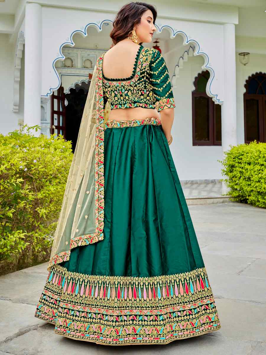 Green Ferrari Silk Embroidered Wedding Festival Heavy Border Lehenga Choli