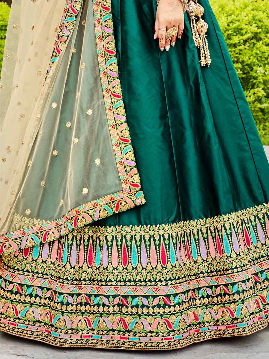 Green Ferrari Silk Embroidered Wedding Festival Heavy Border Lehenga Choli