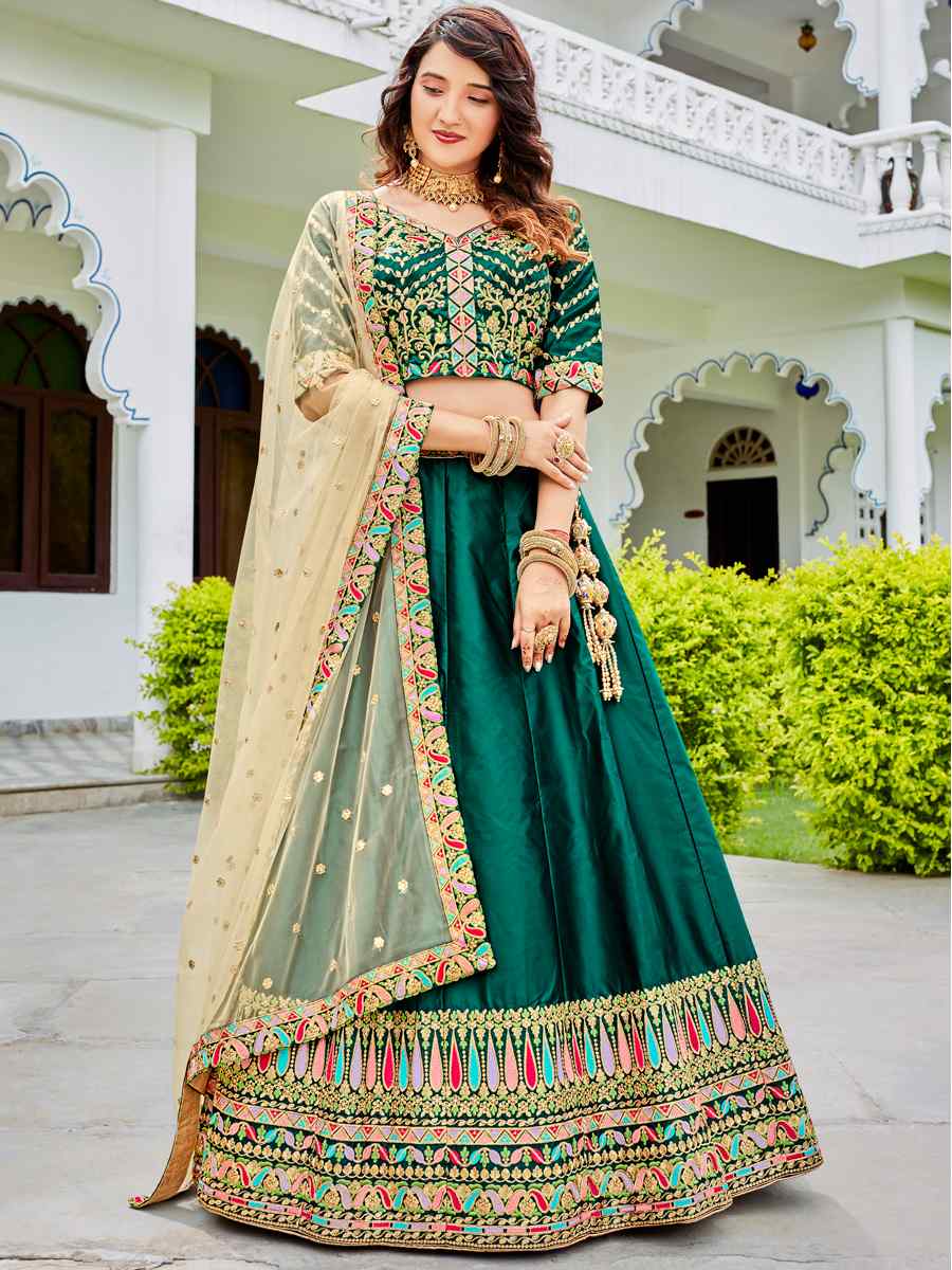 Green Ferrari Silk Embroidered Wedding Festival Heavy Border Lehenga Choli